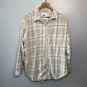 Aerie Women's Oversized Plaid Flannel Button Down Shirt Tan Cream Size Medium